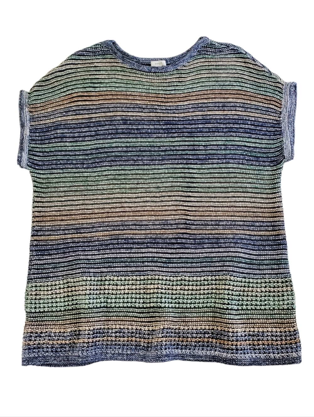 7648 * J. Jill Knit Sweater Striped Textured Short Sleeve Blue Green Size XL